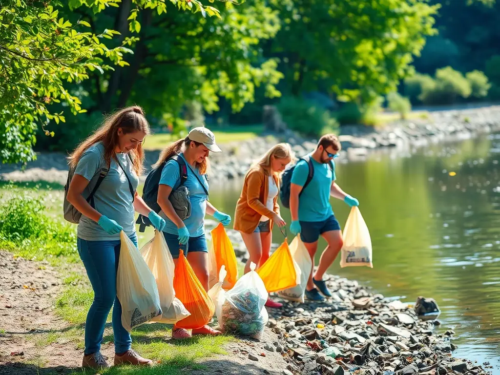 A photograph capturing a group of local volunteers participating in a river cleanup activity, highlighting the association's focus on community engagement.
