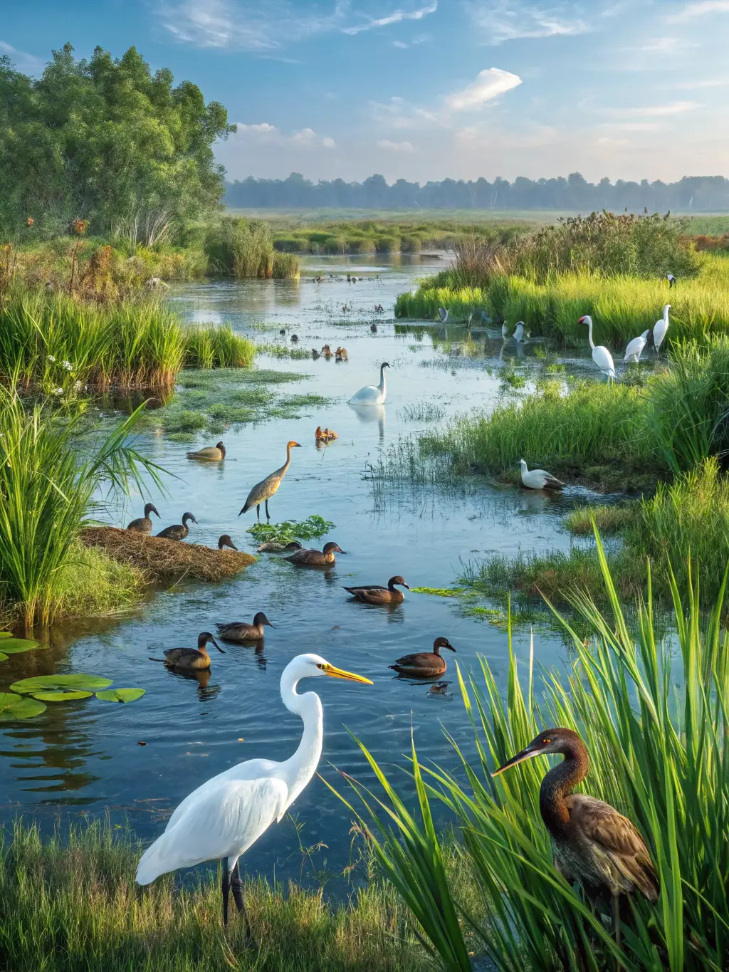 A scenic view of a restored wetland habitat in the Alpilles, showcasing the successful reintroduction of native plant and animal species.