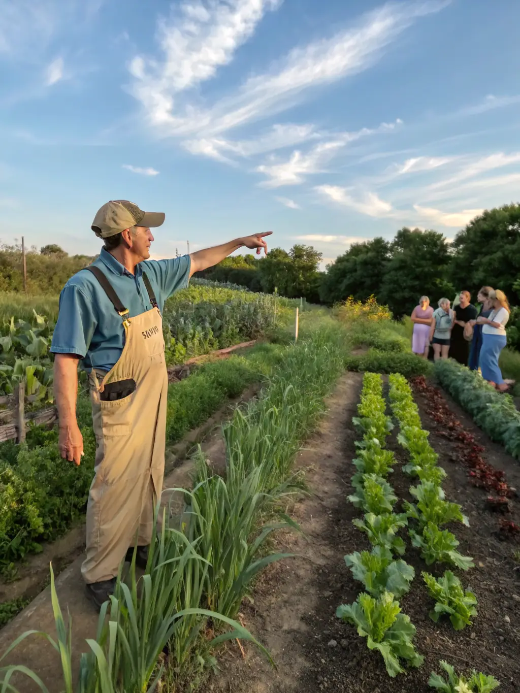 A picture of a community gathering at a local farm, featuring a presentation on sustainable agriculture practices and local produce tasting.