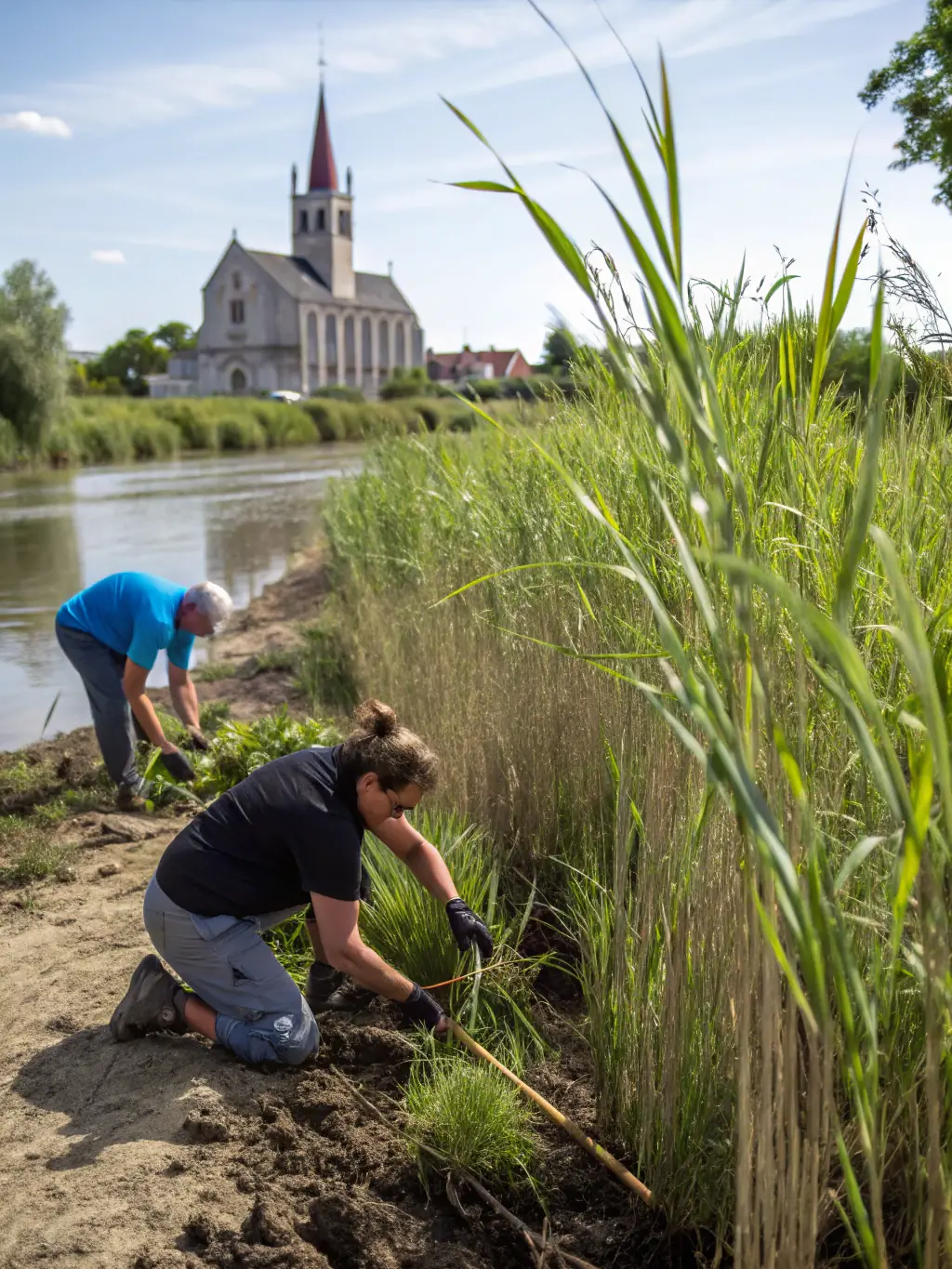A photograph of a group of volunteers participating in a wetland restoration workshop in the Camargue region of Provence, focusing on planting native reeds and grasses.