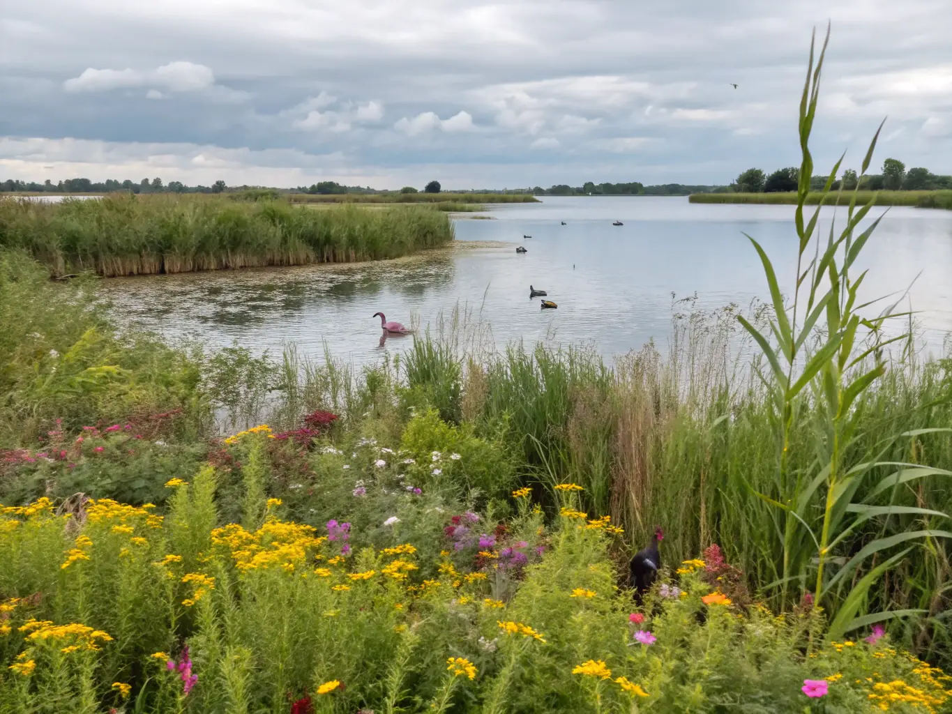 A vibrant image showcasing a restored wetland area in Provence, teeming with native flora and fauna, reflecting the success of LES FLAMANTS ROSES DU TREBON's habitat restoration efforts.