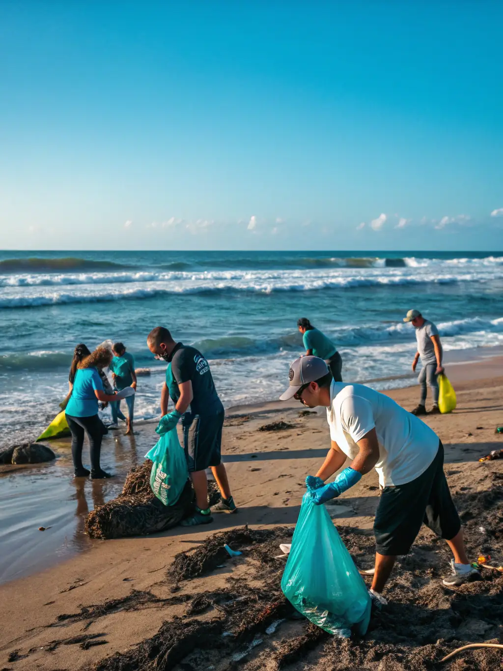 A photograph of volunteers cleaning up a beach in Provence, removing plastic and other debris to protect marine life and coastal ecosystems.