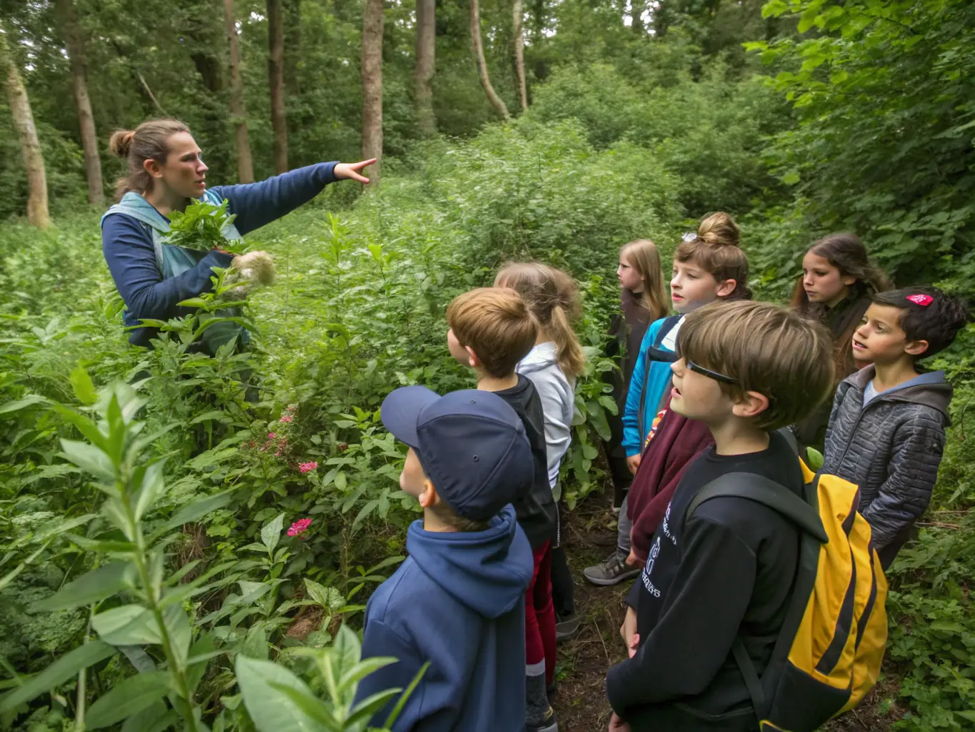 A heartwarming image of children participating in an environmental education program, learning about the importance of conservation and biodiversity in Provence.