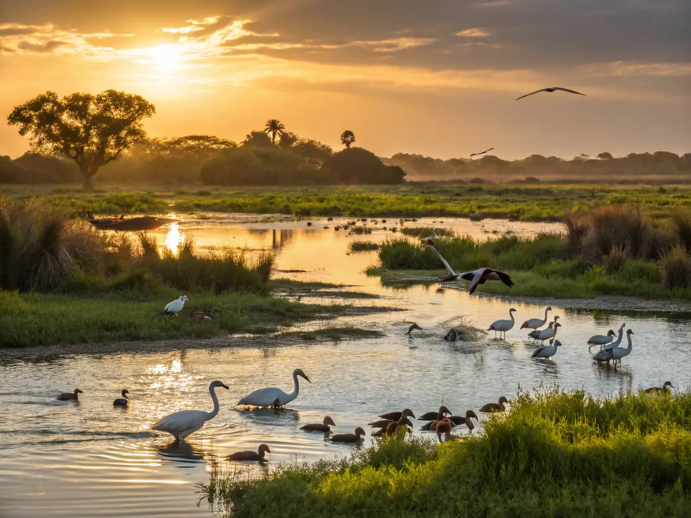 A photograph showcasing a restored wetland area in Provence, teeming with diverse birdlife, including flamingos, illustrating the positive impact of habitat restoration projects.