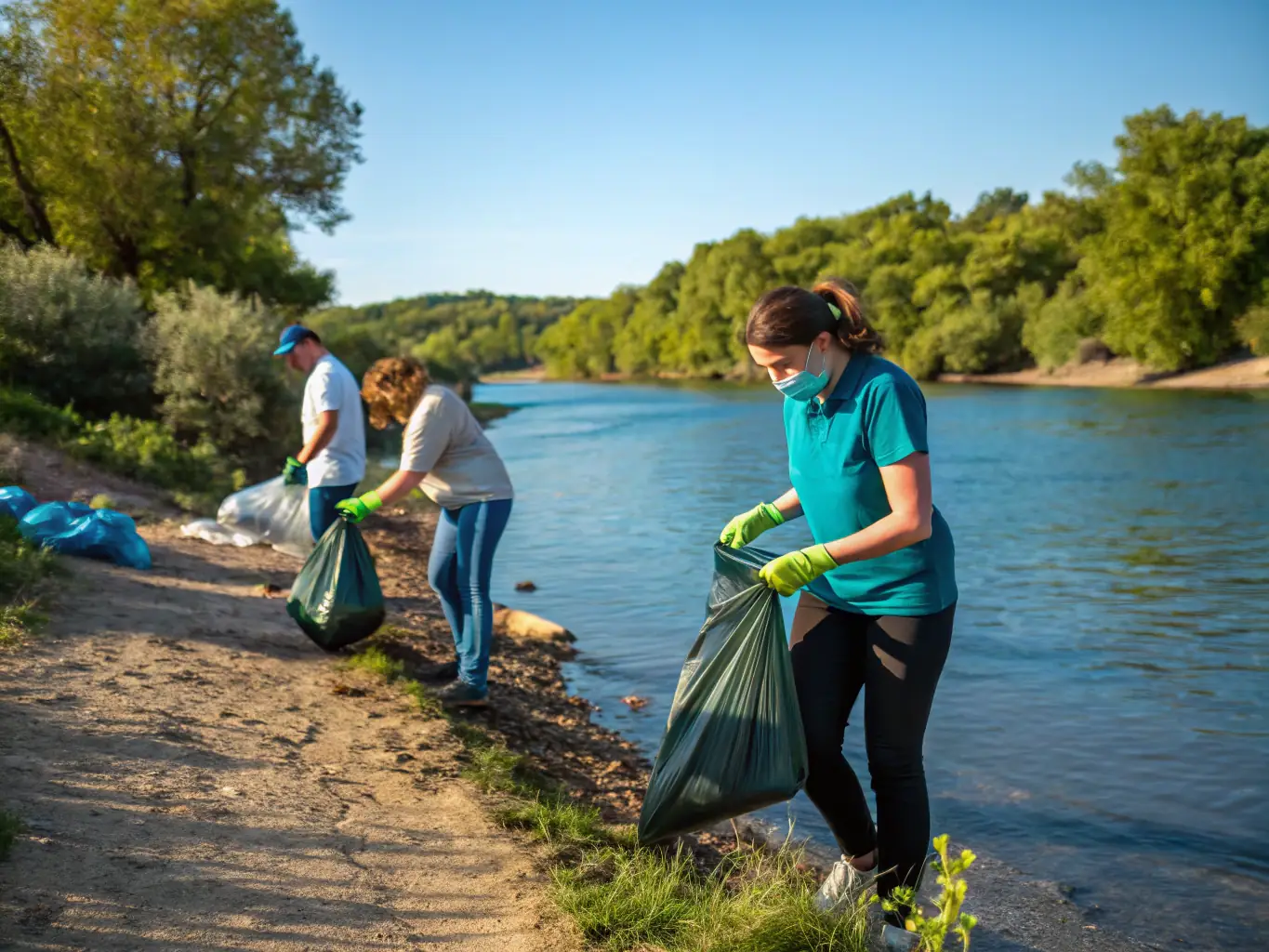 A photograph of volunteers participating in a community clean-up event along the Rhône river, organized by LES FLAMANTS ROSES DU TREBON to raise awareness about pollution and promote responsible waste management.